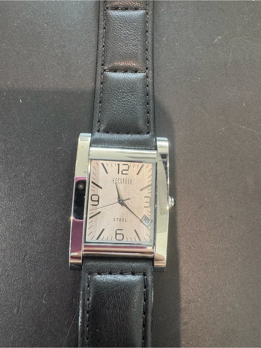 New Ecclissi Stainless Steel Tank-Style Rectangular Watch w/ Black Leather Band